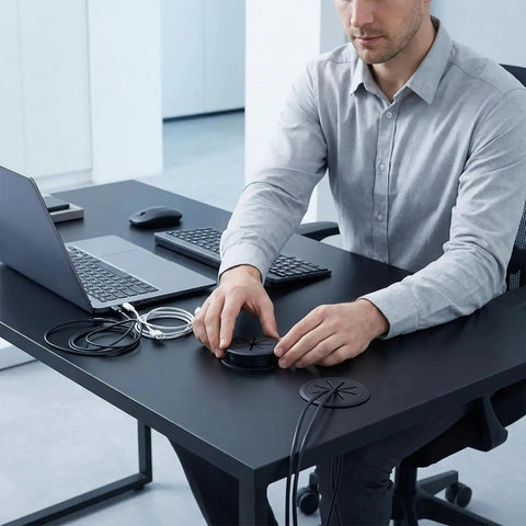 Premium Black Desk Grommets 2 Inch 10 Pack With Cable Management Kit installed on a sleek black desk managing wires
