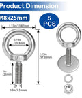 Built Tough 5 Pack M8 Stainless Steel Eye Bolts With Nuts And Washers, 1 Inch Thread Length, Rustproof 304 Stainless