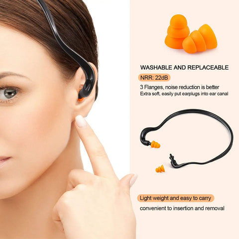 Woman wearing 48 Pieces Banded Ear Plugs With Neck Band Silicone Hearing Bands For Shooting, Noise, Sleeping, Studying And Construction.