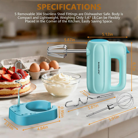 Slick Handheld Electric Mixer With 5 Speed Settings And Smart Storage Base For Effortless Baking Whipping And Cake Mixing Comes With Five Hella Durable Stainless Steel Attachments In Bold Blue on a kitchen countertop.