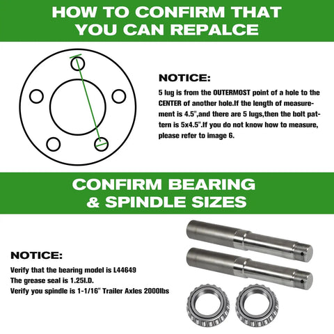 Diagram and parts confirming fit for Trailer Hub Kit For 5 On 4.5 Inch Axles, 2000 Pound Capacity, Fits 1 Inch And 1-1/16 Inch Spindles