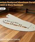 2x10 Inch Aluminum RV Floor Vent Cover With Magnet Assisted Removable Lid displayed on a wooden floor.