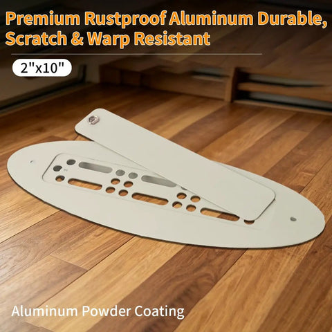 2x10 Inch Aluminum RV Floor Vent Cover With Magnet Assisted Removable Lid displayed on a wooden floor.