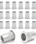 50 Pack M5 304 Stainless Steel Rivet Nuts Flat Head Knurled Threaded Insert Heavy Duty Fasteners displayed with visible details.