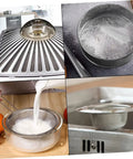 Images showing stainless steel kitchen meshes for sifting flour and straining liquids, demonstrating versatility in cooking tasks.