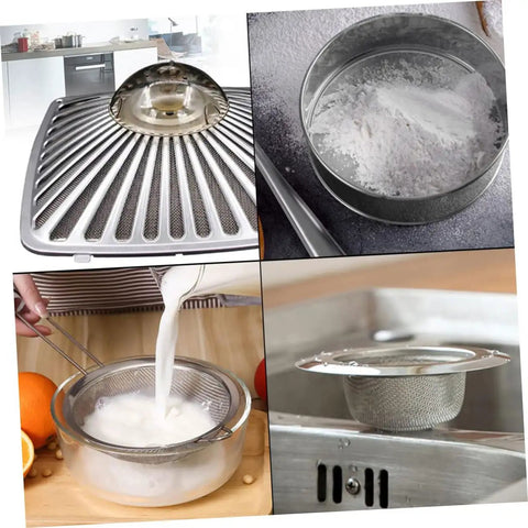 Images showing stainless steel kitchen meshes for sifting flour and straining liquids, demonstrating versatility in cooking tasks.