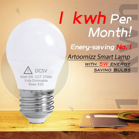 Energy-saving Artoomizz smart lamp with 5W dimmable bulb, E26 base on wooden table, highlighting low energy consumption.