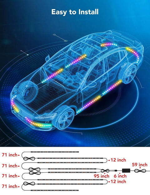 Illustration of car showing installation of Car Underglow Lights RGBIC Kit With 16 Million Colors And 45 Scene Modes on vehicle.