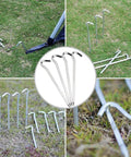 Heavy Duty Aluminum Tent Pegs Set, 12 Pack With Hooks, 7 Inch Hexagon Rod Stakes inserted into hard ground