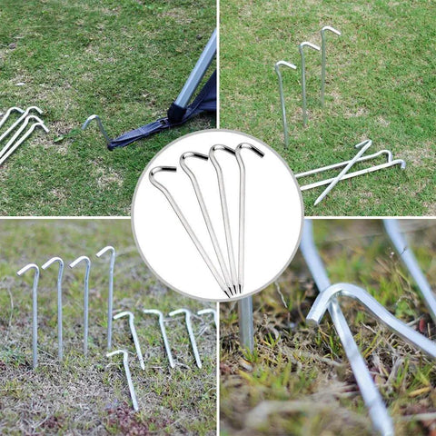 Heavy Duty Aluminum Tent Pegs Set, 12 Pack With Hooks, 7 Inch Hexagon Rod Stakes inserted into hard ground