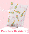 Designer Poly Mailers 6x9 Pink Champagne 100 Pack with colorful champagne print, waterproof and puncture resistant design.