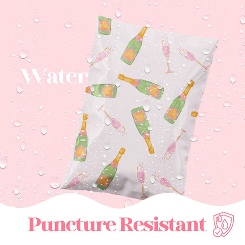Designer Poly Mailers 6x9 Pink Champagne 100 Pack with colorful champagne print, waterproof and puncture resistant design.