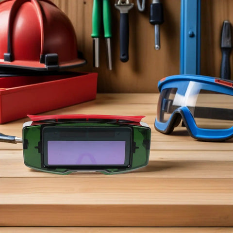 Top Shelf Auto Darkening Welding Goggles With Rugged Impact Resistant Lens For Hardcore Industrial And Garage Work placed on wooden table.