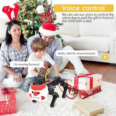 Dope Robotic Dog Kit for Teens and Adults Voice and App Control Programmable Open Source Coding STEM DIY Project ESP32 Bionic Quadroped With 12 DOF Servos and 1 DOF Camera Realistic Movements and Easy Learning voice control robot dog pulling gift sled indoors
