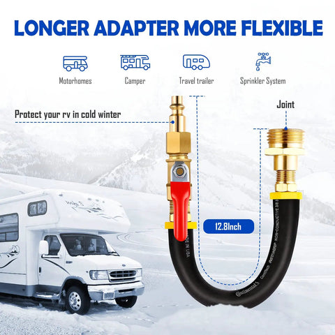 RV Winterizing Kit With Sprinkler Blowout Adapter And Shut Off Valve Quick Connect Plug Garden Hose Water Blow Out Fitting for motorhome in snowy mountain setting
