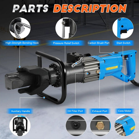 Close-up of Heavy Duty 1400W Electric Hydraulic Rebar Bender showing parts like start switch, pressure relief switch, and auxiliary handle.