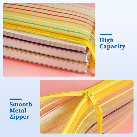 120 Pack Mesh Zipper Pencil Pouches In 10 Colors 9 By 4 Point 7 Inch Small Pencil Bags showing yellow pouch with books and zipper detail