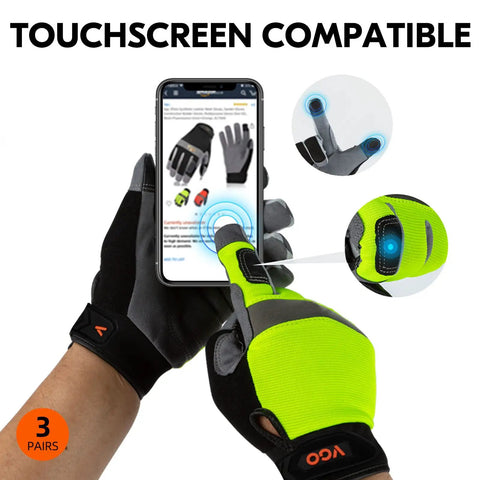 Light Duty Mechanic Work Gloves 3 Pair Pack For Construction And DIY, Size Large, using a phone showing touchscreen compatibility.