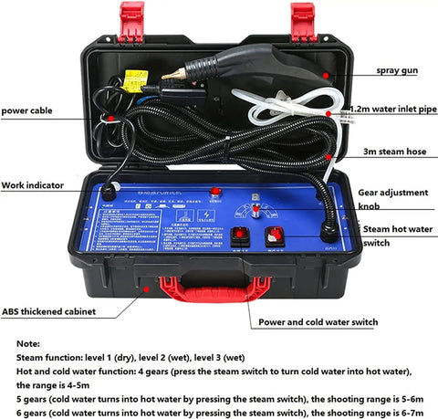 Portable Cordless Steam Cleaner For Car And Home Use with power cable, spray gun, and adjustable steam function inside case.
