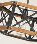 Kickass 14 Inch Black Farmhouse Pendant Light With Plug In Dimmable Switch And Adjustable Woven Cord For Kitchen Island Or Dining Room Heavy Oak Wood And Metal Cage Fixture giving a detailed view of wooden and metal frame.