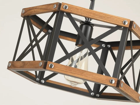 Kickass 14 Inch Black Farmhouse Pendant Light With Plug In Dimmable Switch And Adjustable Woven Cord For Kitchen Island Or Dining Room Heavy Oak Wood And Metal Cage Fixture giving a detailed view of wooden and metal frame.