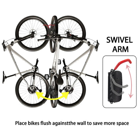 Rock Solid Swivel Bike Wall Mount Rack For Garage, Space Saving Bicycle Hanger With Rubber Coated Hooks, Heavy Duty Steel Holds Up To 77 Lbs, Easy Install, 2 Pack showing swivel arm and bikes mounted on wall