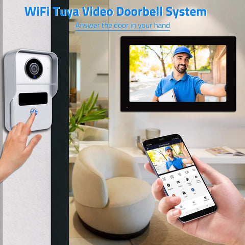 Wireless Video Doorbell Intercom Kit With 7 Inch Screen And 1080P HD Camera shown in use with smartphone and wall monitor.