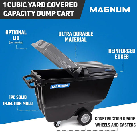 Tilt Dump Cart With Covered 1 Cu Yd Capacity, Heavy Duty 12-Inch Wheels And 5-Inch Casters, 800 Lb Load, Durable Injection Molded Plastic Trash Cart For Jobsites, shown with open lid and labeled features.