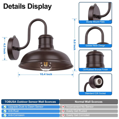 Two Pack Dusk To Dawn Outdoor Wall Sconces Gooseneck Barn Lights In Oil Rubbed Bronze Exterior Waterproof Anti Rust Details Display
