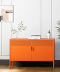 Orange Metal Storage Cabinet With Adjustable Shelves, 2 Door Locker for Home Office Studio, shown in a modern room setup.