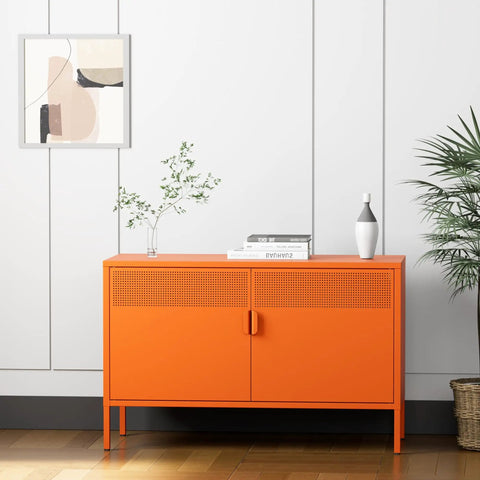 Orange Metal Storage Cabinet With Adjustable Shelves, 2 Door Locker for Home Office Studio, shown in a modern room setup.
