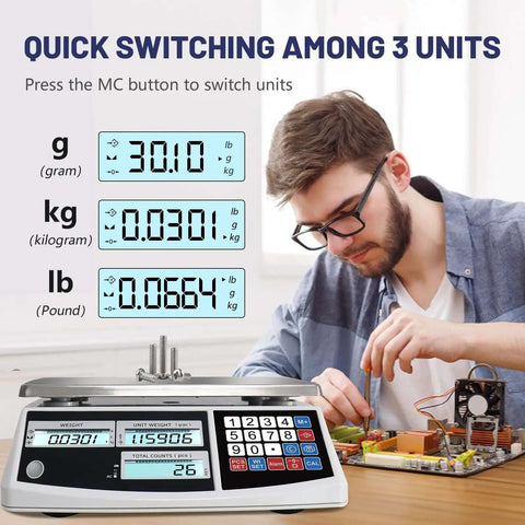 Man using Heavy Duty Counting Scale For Coins And Parts With 66 Lb Capacity, 0.1 g Precision, Backlit Digital Display