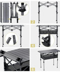 Assembly steps of Three Foot Roll Top Aluminum Camping Table With Two Adjustable Heights, Lightweight Fold Up Design, Black