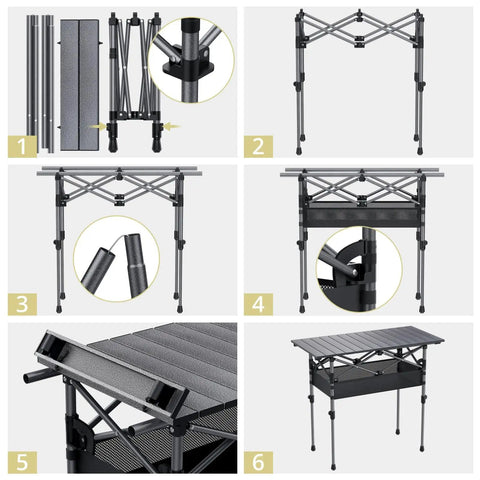 Assembly steps of Three Foot Roll Top Aluminum Camping Table With Two Adjustable Heights, Lightweight Fold Up Design, Black