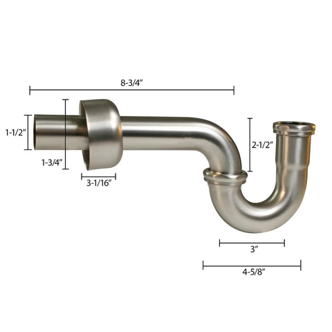 One And A Half Inch OD 17 Gauge Brass P-Trap With High Box Flange Matte Black Finish Complete P-Trap Set side view dimensions