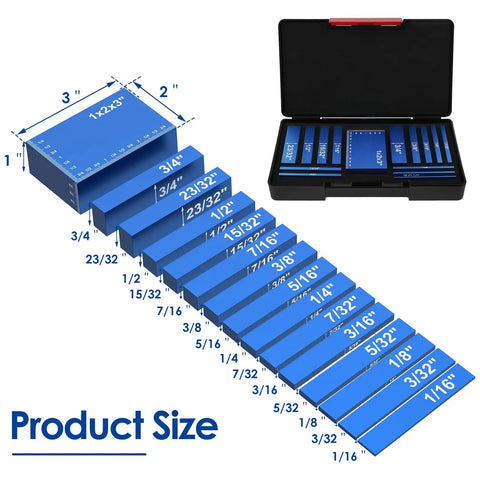 Heavy Duty 15 Piece Aluminum Setup Blocks And Height Gauge Set Featuring Precision Router Table Bars with size measurements displayed