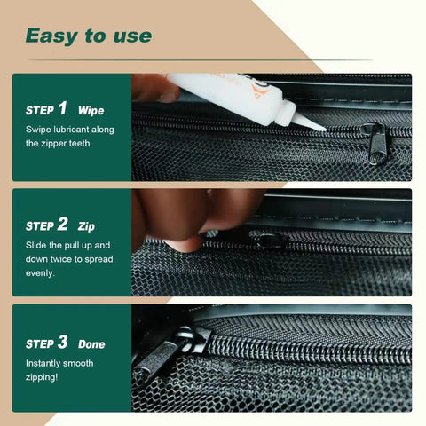 4 Pack Zipper Lubricant Waterproof Wax and Grease for Metal and Plastic Zippers shown in use on a black zipper