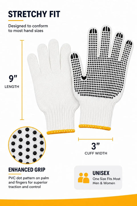48 Pairs PVC Dotted Knit Work Gloves For Men And Women Non Slip Cotton General Purpose Gloves Bulk Pack One Size