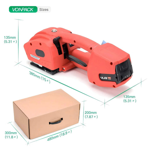 Hustle Free Electric Strapping Machine With Bright Digital Display And Massive 4000 Mah Battery Handles Half To Five Eighths In Poly Straps No Sweat Compact Cordless Bundler For Wood Metal Crate Packing next to a cardboard box for scale.