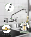 CENOSA Wall Mount Faucet 8" Center, Commercial Sink Faucet with 14" Spout showing anti-splash design and durable brass construction.