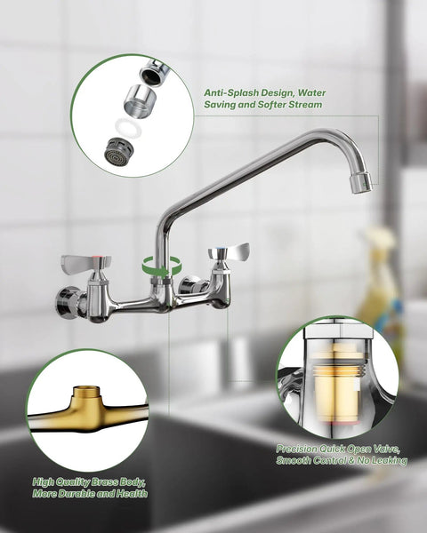 CENOSA Wall Mount Faucet 8" Center, Commercial Sink Faucet with 14" Spout showing anti-splash design and durable brass construction.