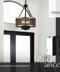13.8-Inch Modern Semi Flush Mount Chandelier With Dope Black And Gold Mesh Drum, 2-Light Industrial Vintage Ceiling Light Fixture