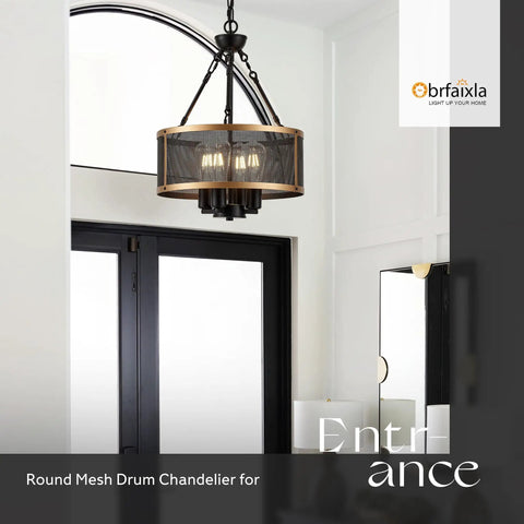 Dope Black And Gold Mesh Drum Chandelier Semi Flush Mount Ceiling Light Six Light Fixture hanging in modern foyer.