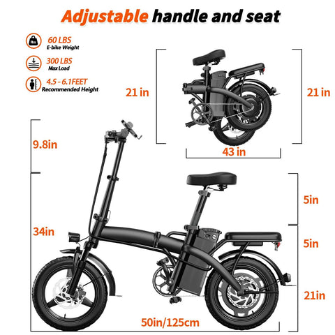 Compact Foldable 14 Inch Electric Bike For Adults With 500W Motor, 23 MPH Top Speed, 35 Mile Range, size dimensions shown.