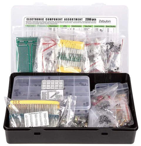 Epic 2200 Piece Electronics Component Kit With Capacitors Resistors Transistors Inductors Diodes Potentiometers ICs LEDs And PCBs For DIY Projects And Pro Hobbyists, visible in organized plastic box.