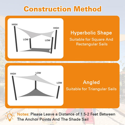 17x31 Foot Light Gray Sun Shade Sail Rectangle Outdoor Canopy With 95 Percent UV Block diagram showing hyperbolic and angled shapes for installation.