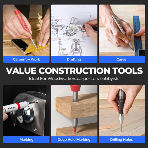 Kickass 44 Piece Carpentry Marking Kit With Heavy Duty Construction Pencils Long Nib Markers Mechanical Pencils Automatic Center Punch And Carbide Scribe For Woodworkers Who Gonna Nail Every Cut With Zero Hassle in use for carpentry and marking tasks.