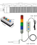Four-Stack LED Industrial Signal Tower Light With No Sound Andon Lights, Off On Flashing Mode, 24V DC, Indoor Warehouse Use, 5.3 Inch Pole With 2 Hole L Bracket, Red Yellow Green Blue Visual Alerts, with dimensions and buttons shown