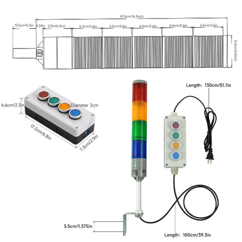 Four-Stack LED Industrial Signal Tower Light With No Sound Andon Lights, Off On Flashing Mode, 24V DC, Indoor Warehouse Use, 5.3 Inch Pole With 2 Hole L Bracket, Red Yellow Green Blue Visual Alerts, with dimensions and buttons shown