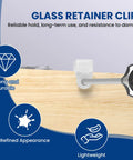 Premium Clear Glass Retainer Clips With Corrosion Proof Stainless Screws Twenty Five Pack on wood surface with screwdriver.